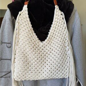 Cream Woven Shoulder Bag with Slouchy Design and Textured Finish